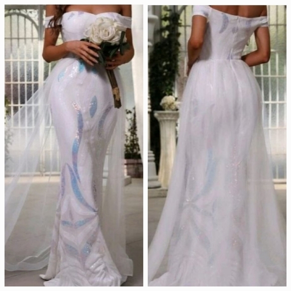 White Holographic and Graphic Sequined, Embroidered Wedding Dress with M… - Picture 1 of 12